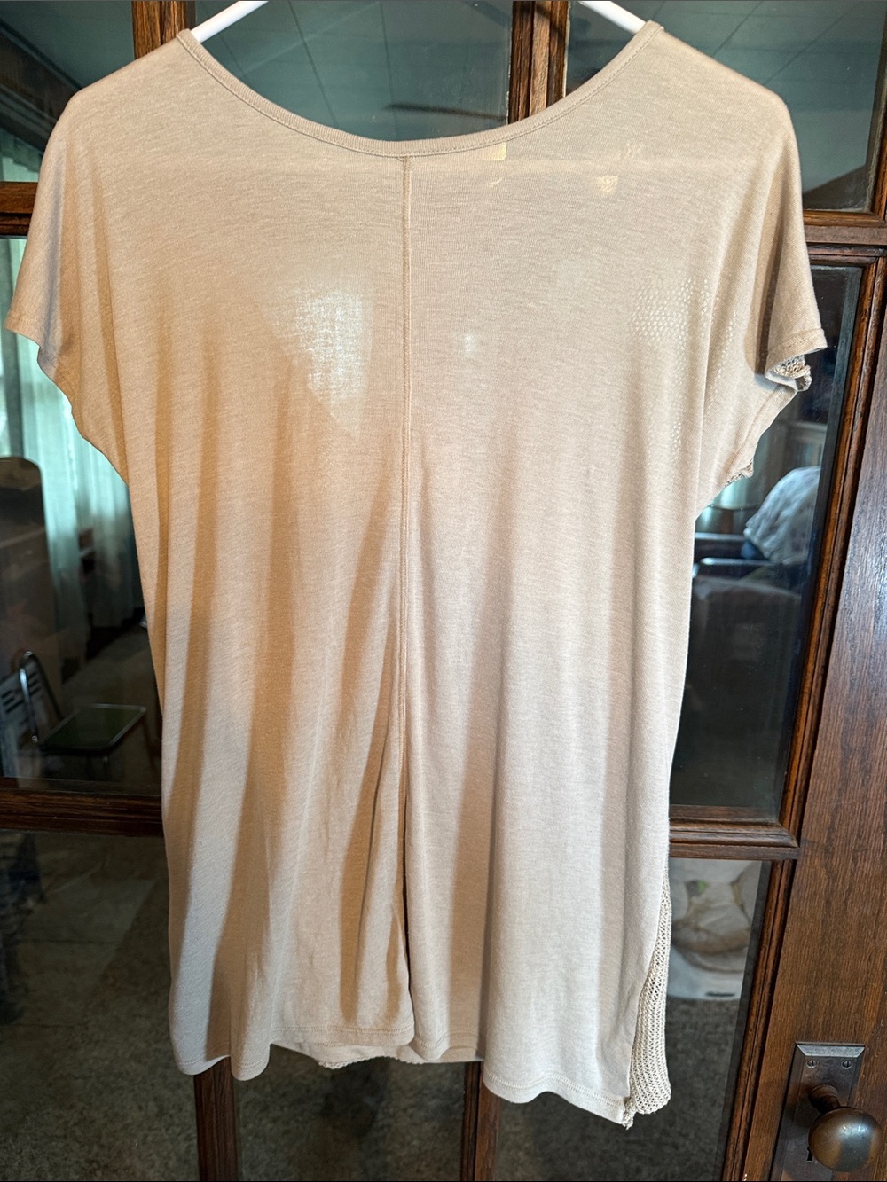 M. Rena Womens Taupe Mixed Media Mesh V-Neck T-Strap Racerback Top Boho Small